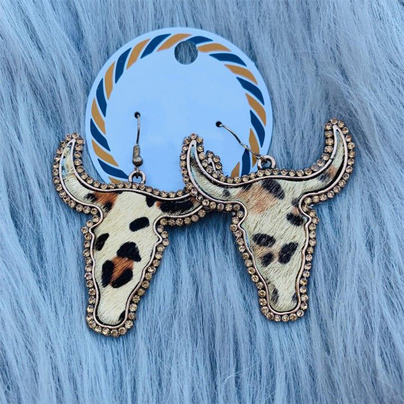 Western Vintage Cow Skull Cross Leather Earrings