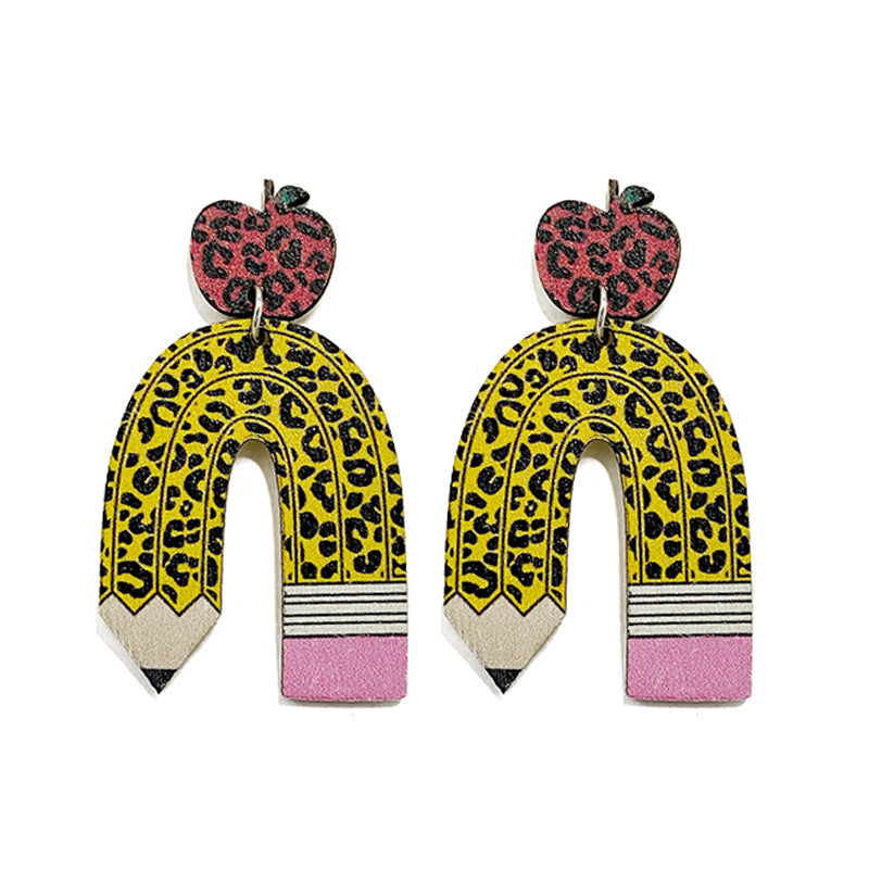 Popular Teacher Earrings - Leopard Print Pencil and Apple Patchwork Stud - product image 5