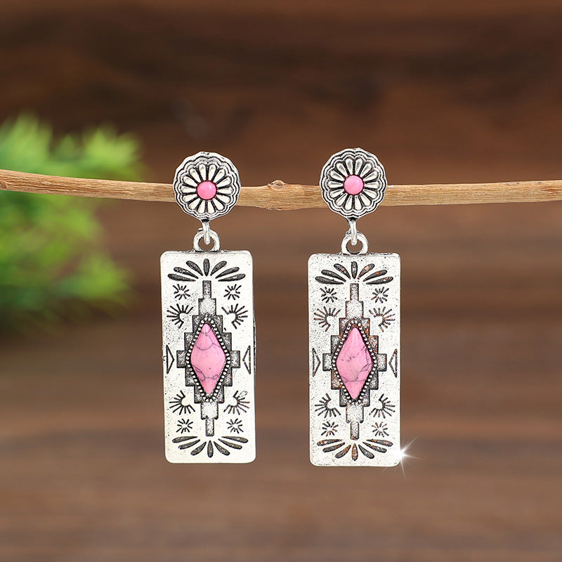 Turquoise Boho Vintage Geometric Floral Earrings - product image 3