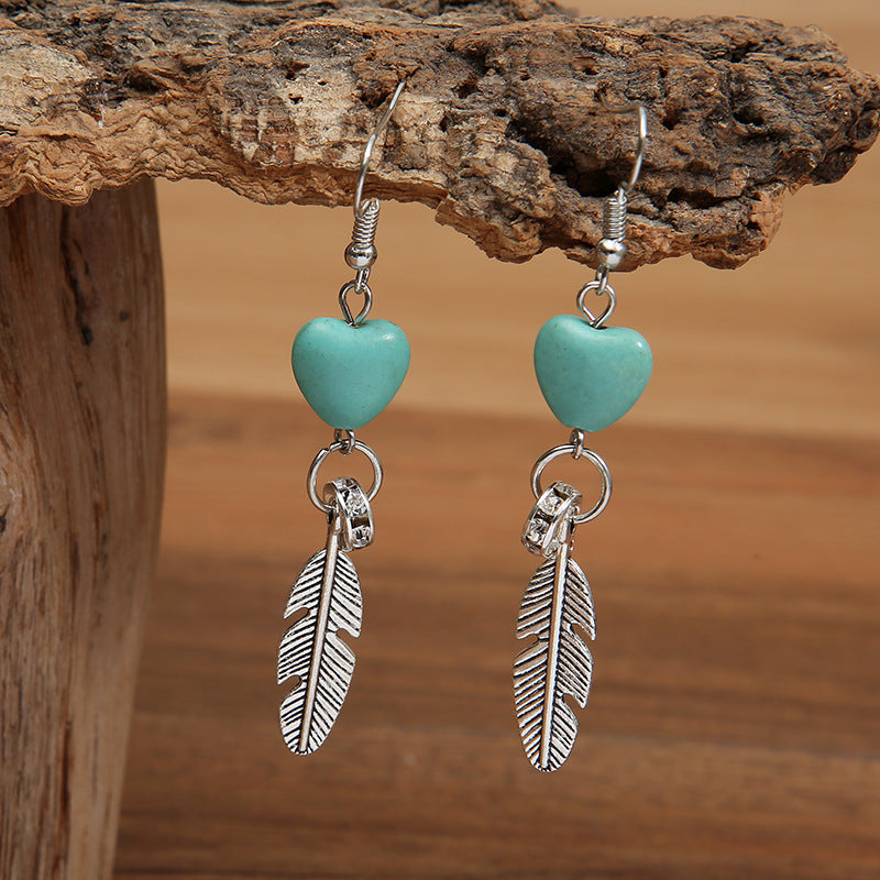 Turquoise Vintage Feather Heart Cross Earrings - product image 3