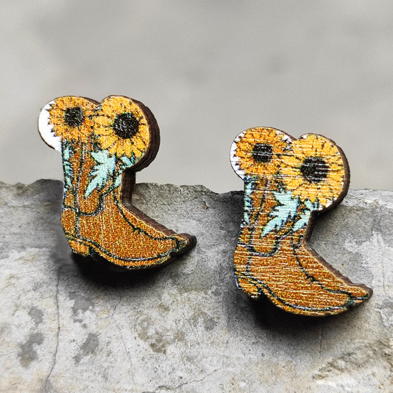Cow Skull Horse Cactus Cross Wood Earrings