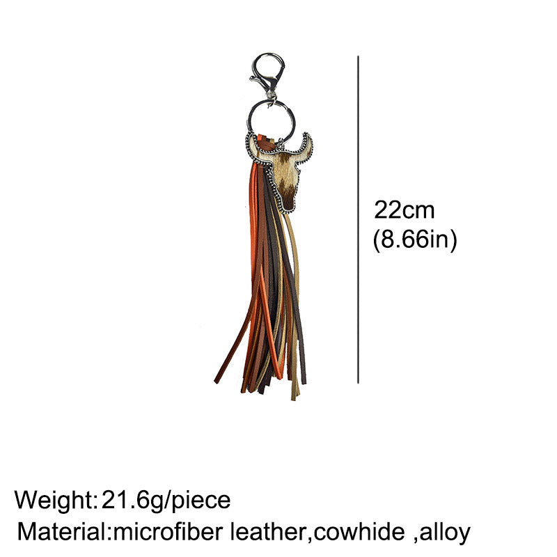 Western Cow Skull Leather Tassel Keychain