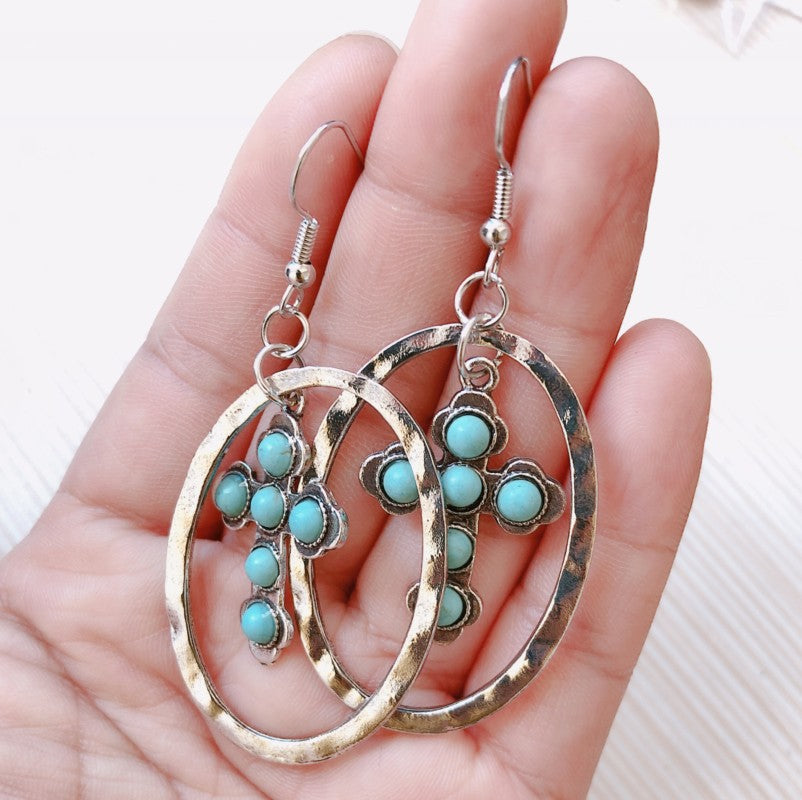 Turquoise Vintage Statement Cross Earrings