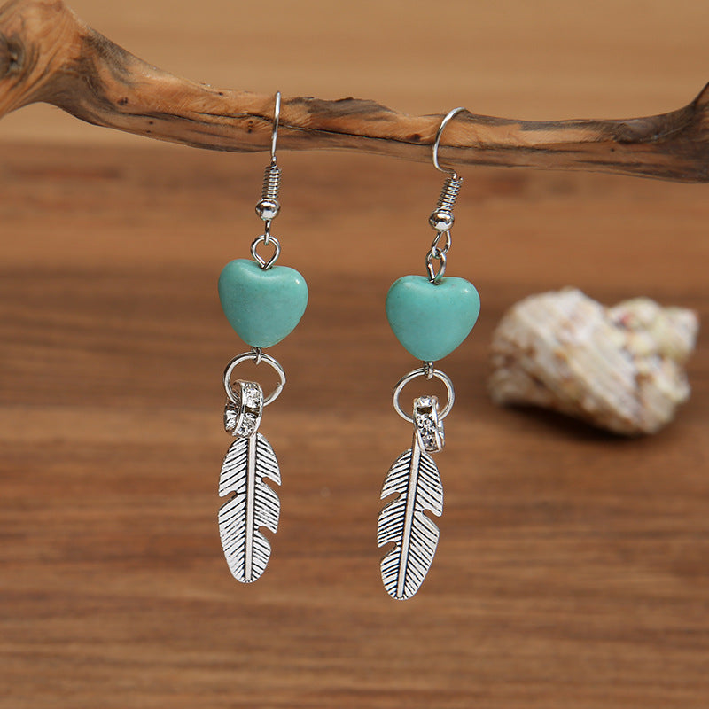 Turquoise Vintage Feather Heart Cross Earrings - product image 1
