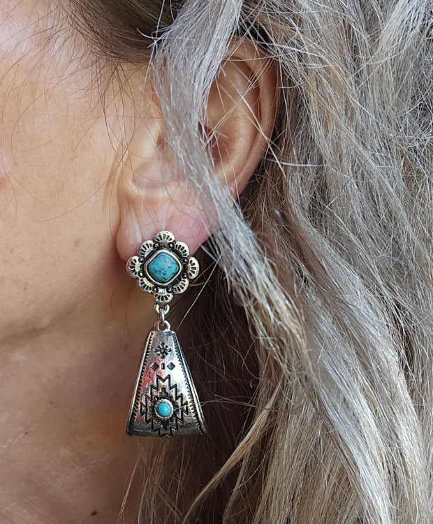 Turquoise Boho Vintage Geometric Floral Earrings - product image 7