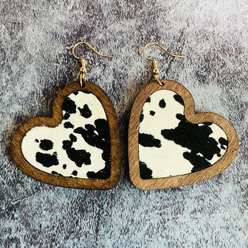 Vintage Horse Heart Cross Wood Earrings