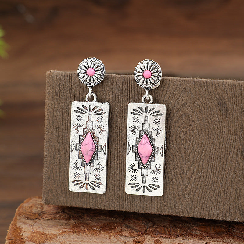 Turquoise Boho Vintage Geometric Floral Earrings - product image 4