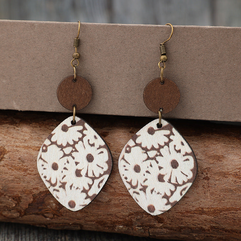 Geometric Floral Heart Wood Earrings