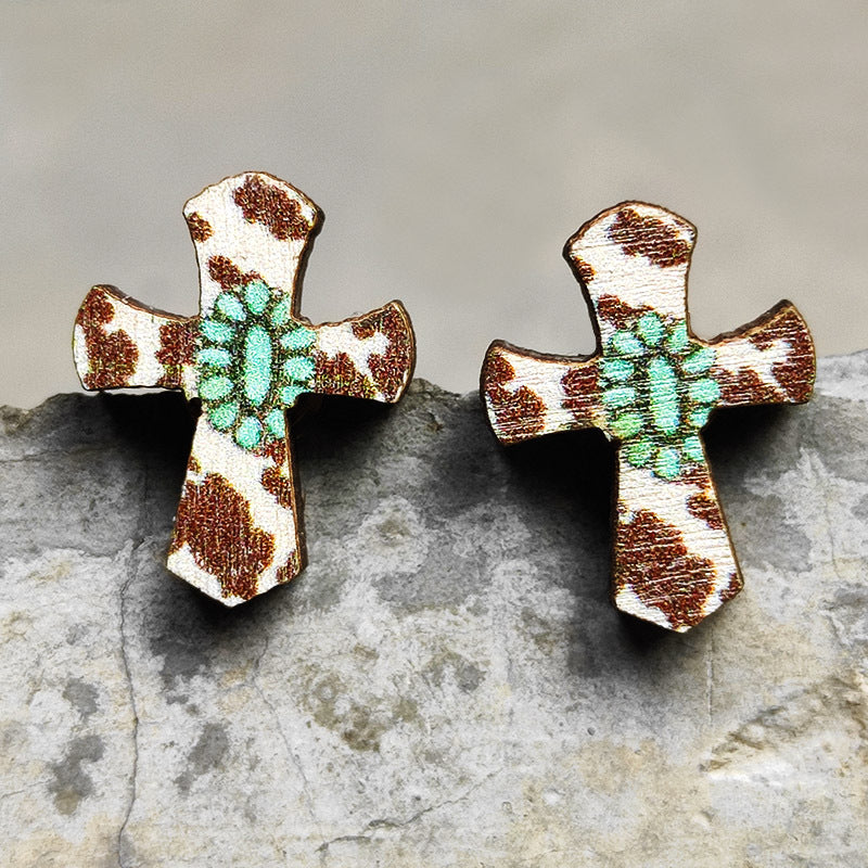 Cow Skull Horse Cactus Cross Wood Earrings