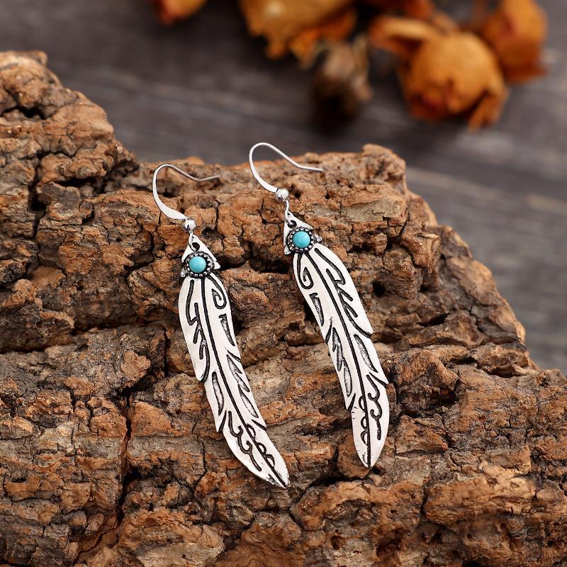 Turquoise Boho Vintage Feather Cross Earrings - product image 4
