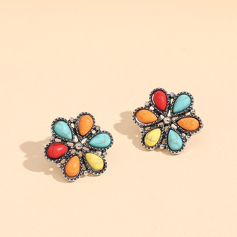 Turquoise Boho Vintage Floral Cross Earrings for Women