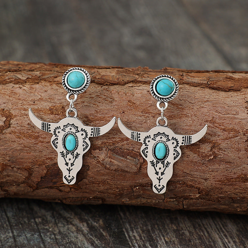 Western Turquoise Vintage Cow Skull Cross Earrings