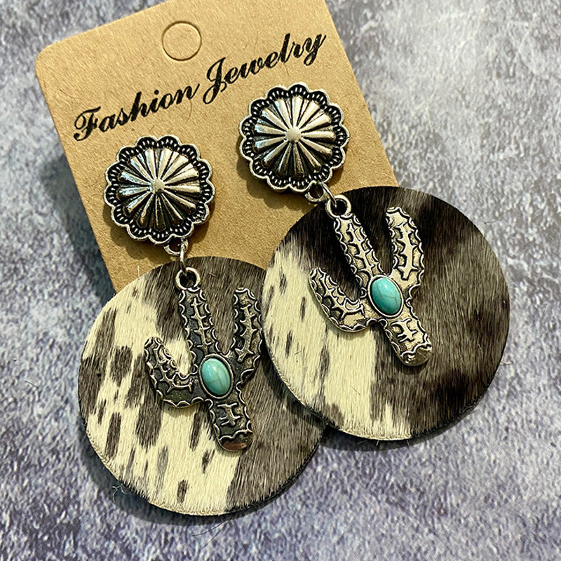 Western Boho Vintage Cactus Cross Earrings