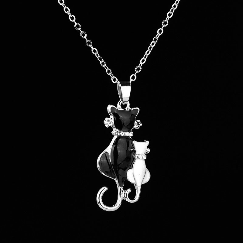 Fashion Jewelry Set with Diamonds - Black and White Cat Couple Necklace - - product image 2