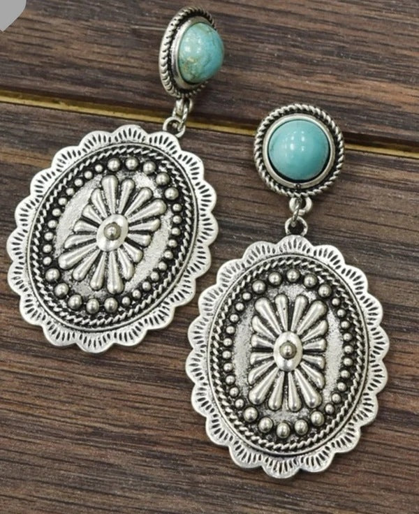 Turquoise Vintage Geometric Concho Cross Earrings