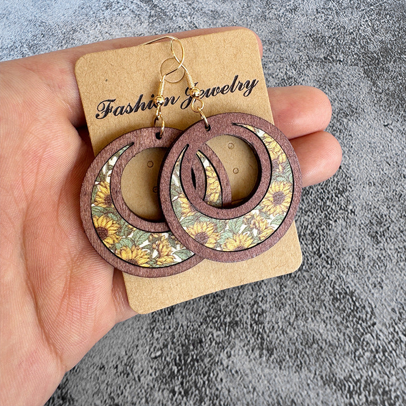Floral Cross Wood Earrings