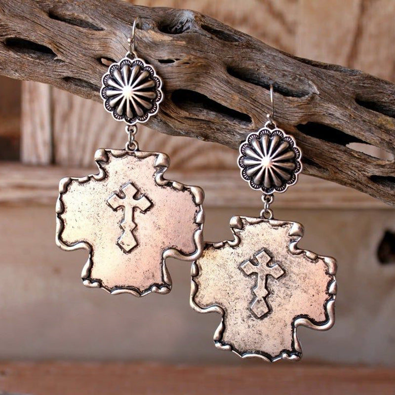 Western Vintage Statement Floral Cross Earrings