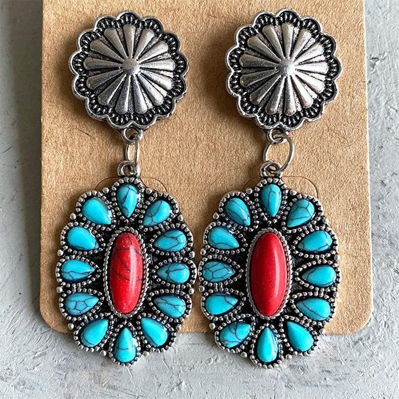 Turquoise Boho Vintage Statement Cross Earrings
