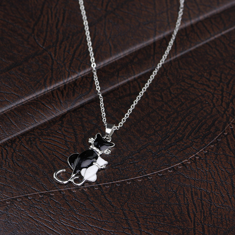 Fashion Jewelry Set with Diamonds - Black and White Cat Couple Necklace - - product image 9
