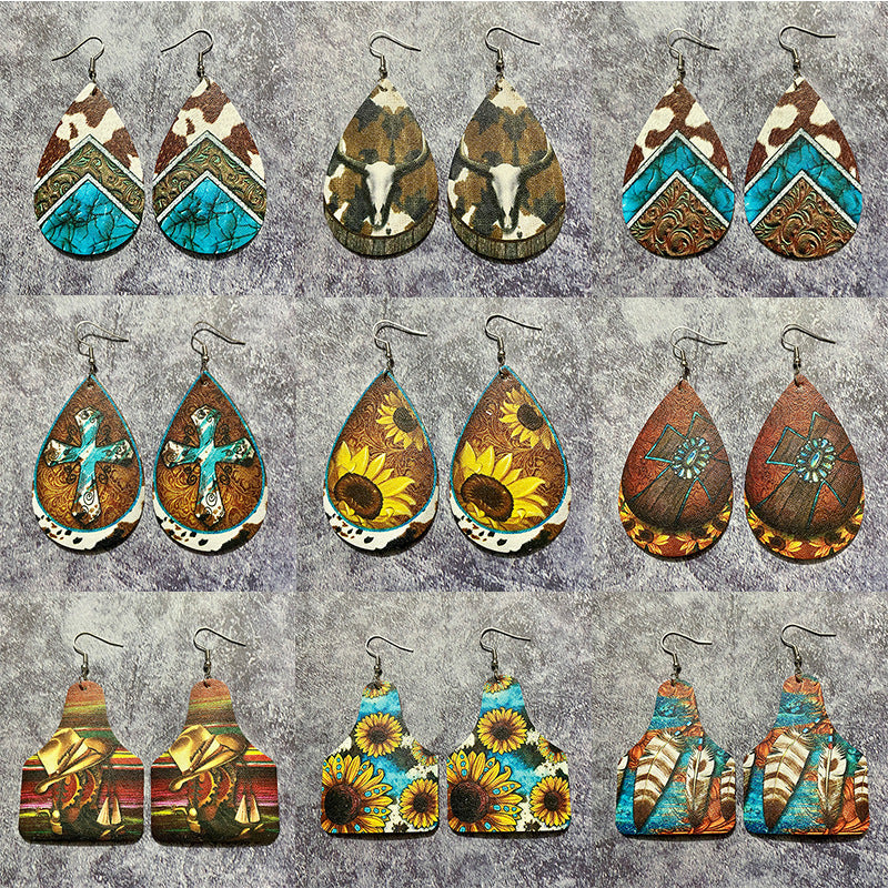 Western Boho Vintage Cross Leather Earrings