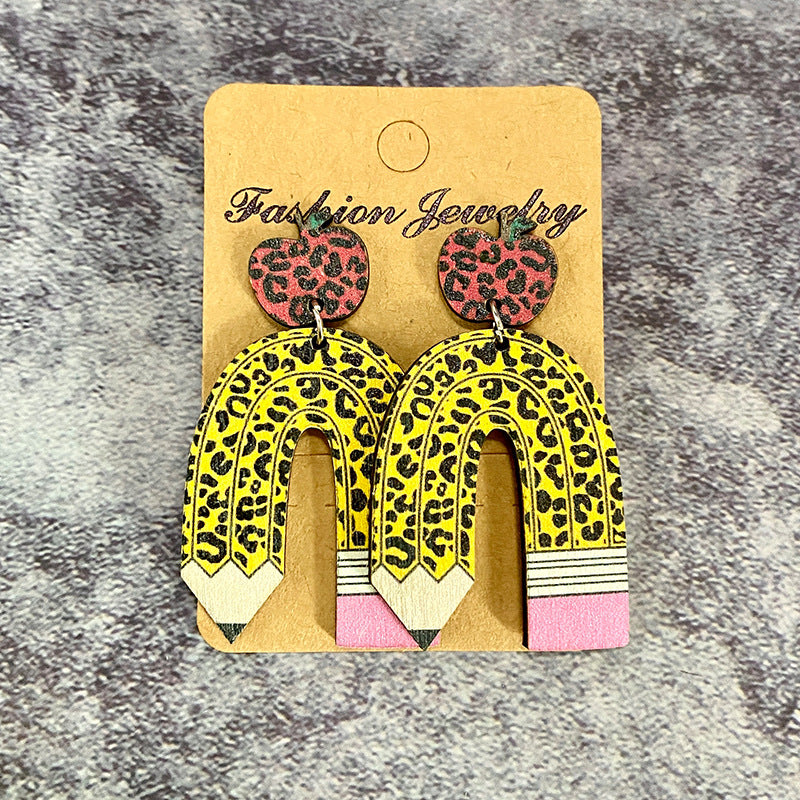Popular Teacher Earrings - Leopard Print Pencil and Apple Patchwork Stud - product image 2