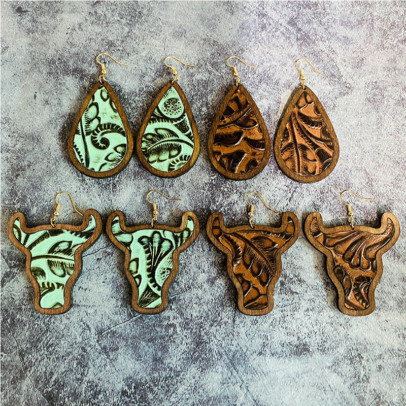 Western Vintage Cow Skull Cross Wood Earrings - product image 2