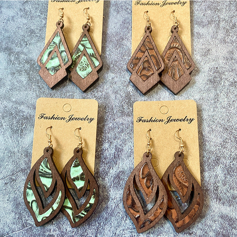 Western Vintage Geometric Cross Wood Earrings - product image 1