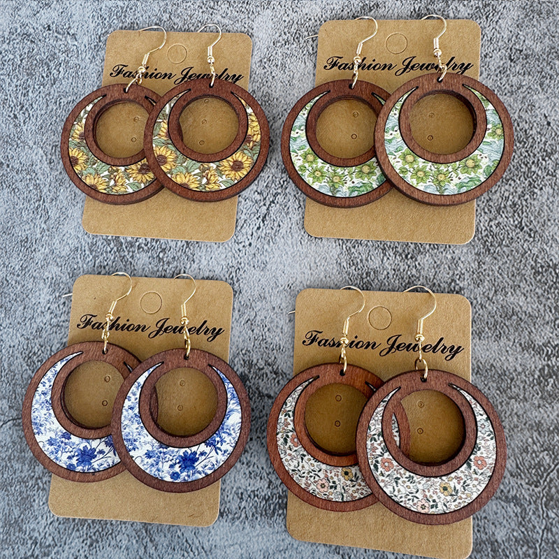 Floral Cross Wood Earrings