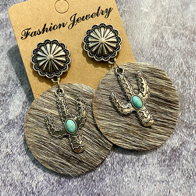Western Boho Vintage Cactus Cross Earrings