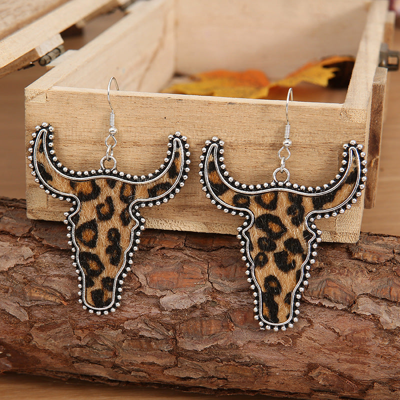 Western Vintage Cow Skull Cross Leather Earrings