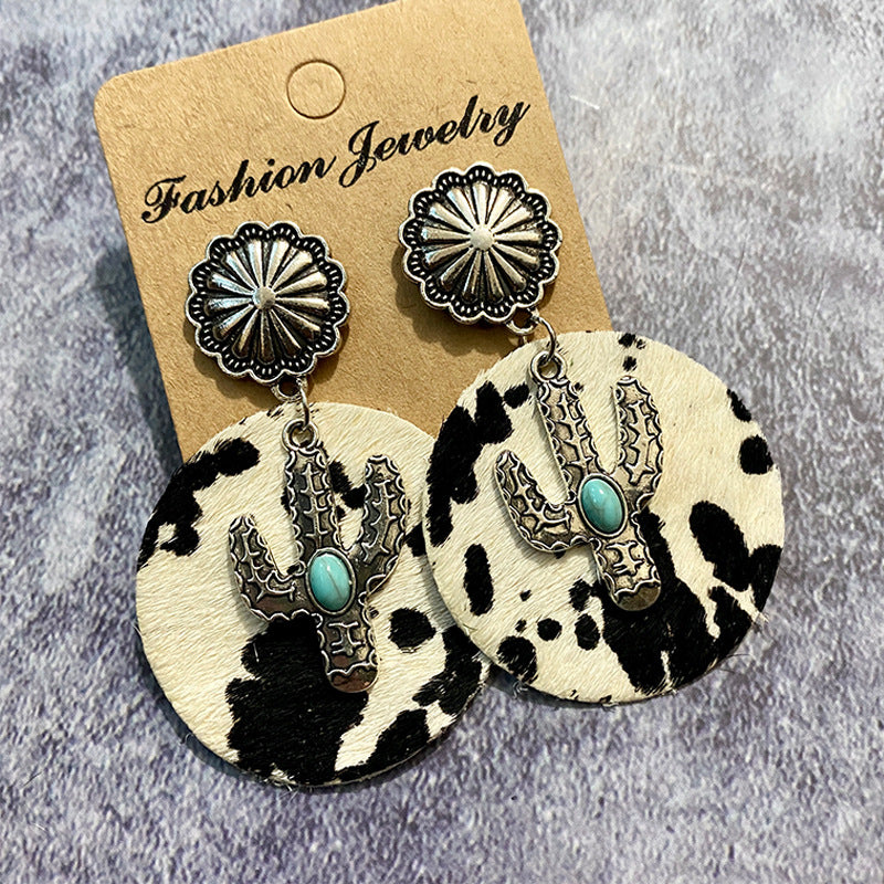 Western Boho Vintage Cactus Cross Earrings