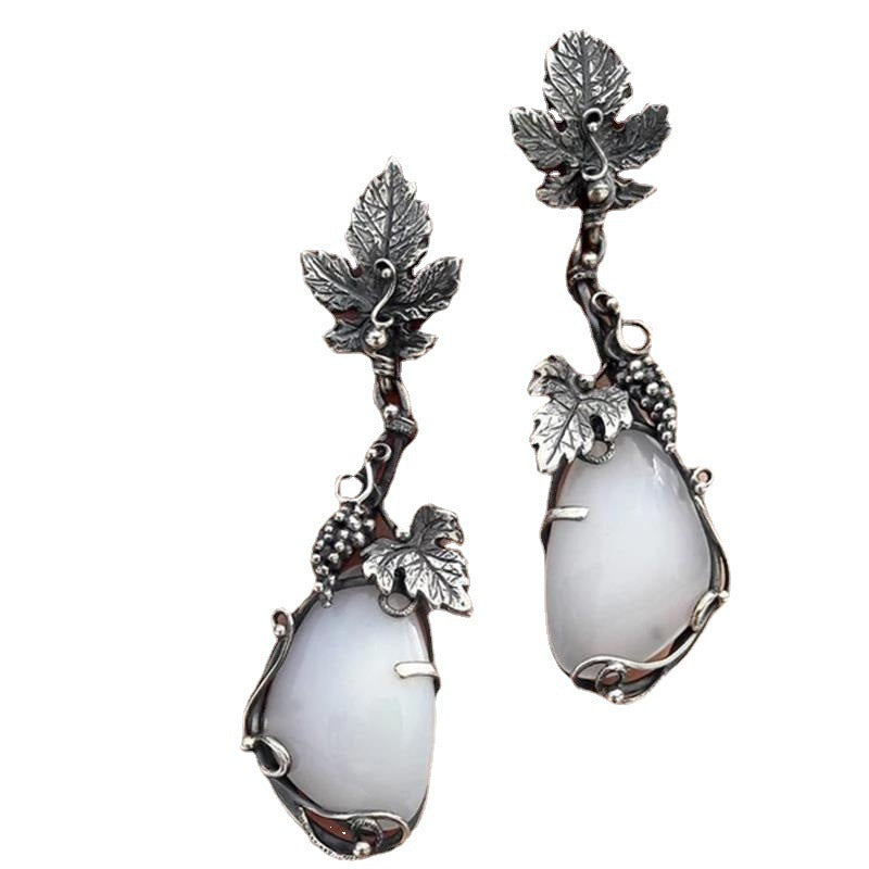 Metal Grape Vine Leaf Earrings Inlaid with Teardrop-shaped Cat's Eye Stone - product image 5