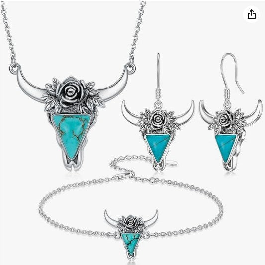 Western Turquoise Vintage Floral Cow Skull Jewelry Set - product image 1