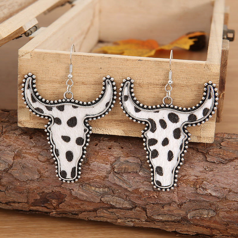 Western Vintage Cow Skull Cross Leather Earrings