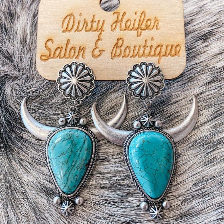 Western Turquoise Boho Vintage Cow Skull Earrings - product image 2