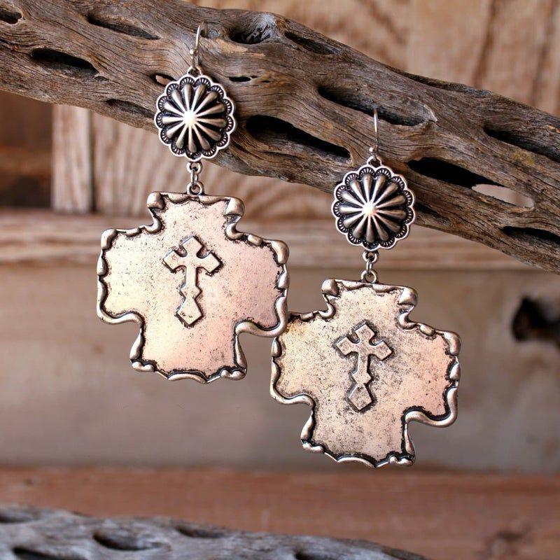Western Vintage Statement Floral Cross Earrings