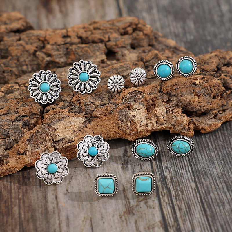 Western Turquoise Vintage Geometric Cross Earrings