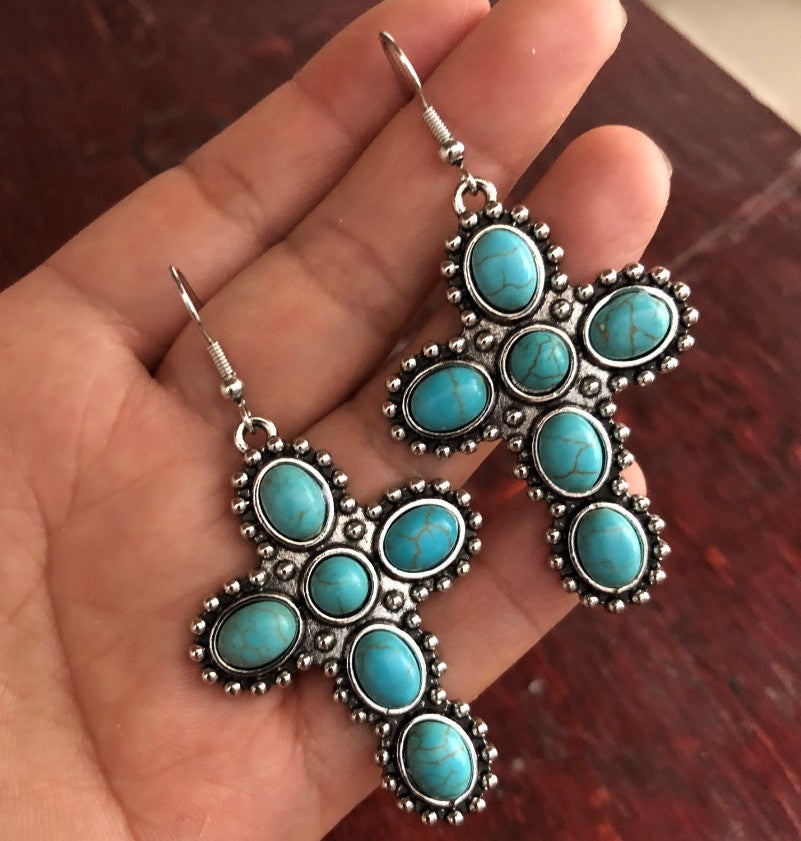 Turquoise Vintage Statement Cross Earrings