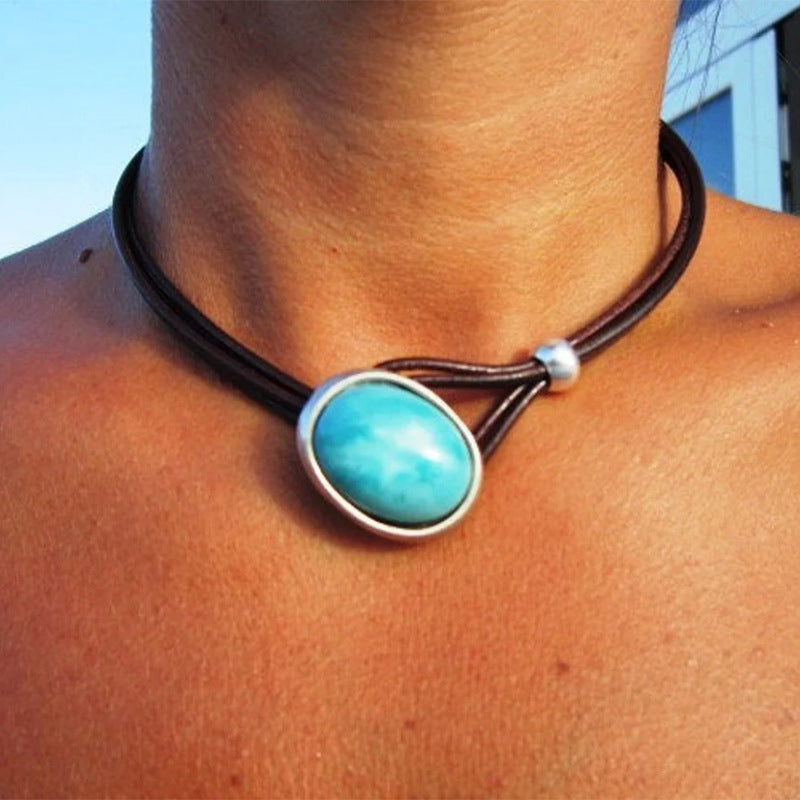 Turquoise Vintage Statement Cross Leather Necklace - product image 1