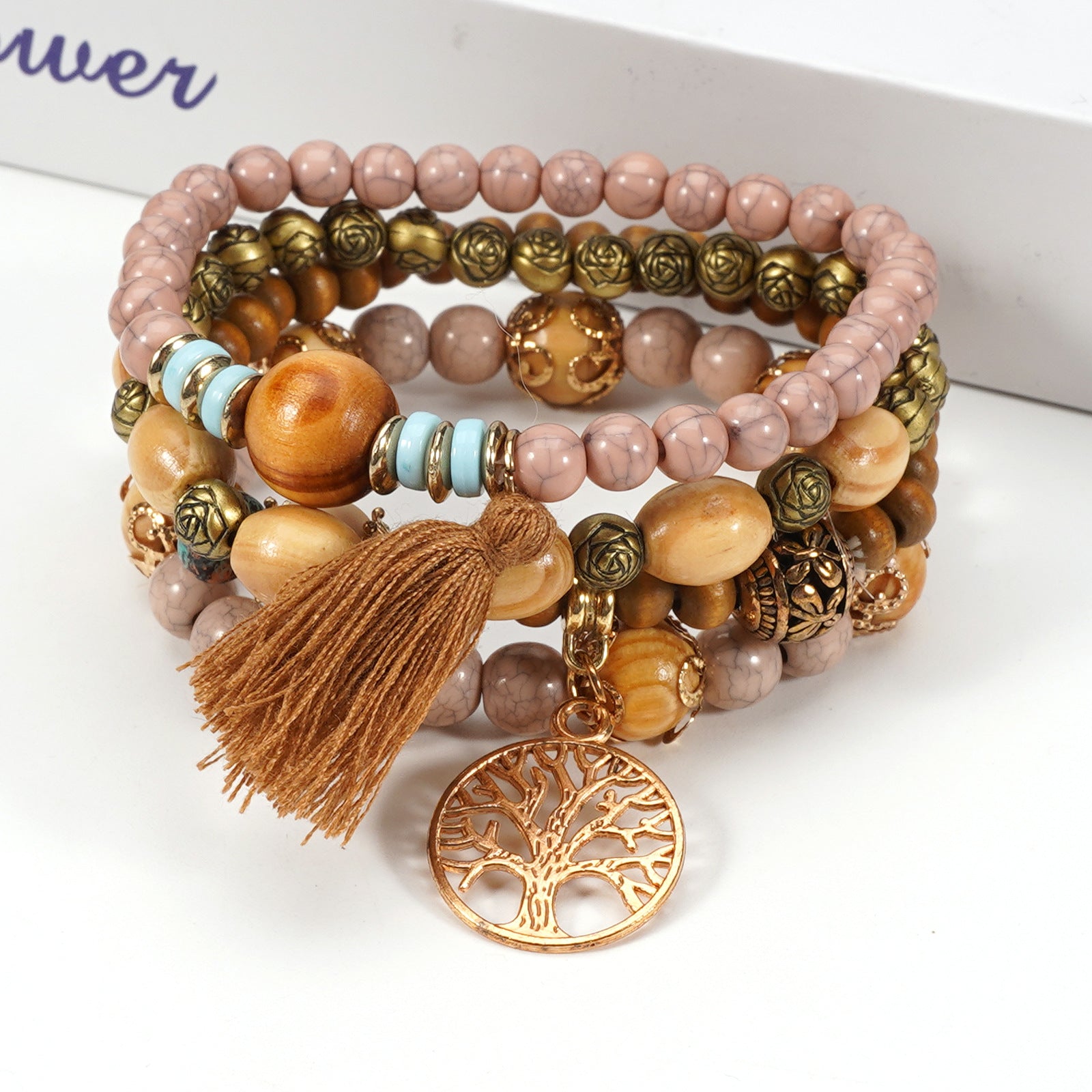 Floral Wood Beaded Bracelet