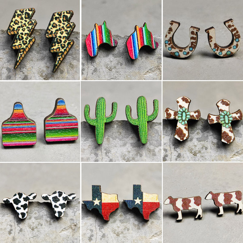 Cow Skull Horse Cactus Cross Wood Earrings - product image 1