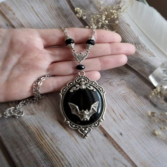 Halloween Necklace Unique Animal Bat Black Gemstone Necklace - Earrings - - product image 1