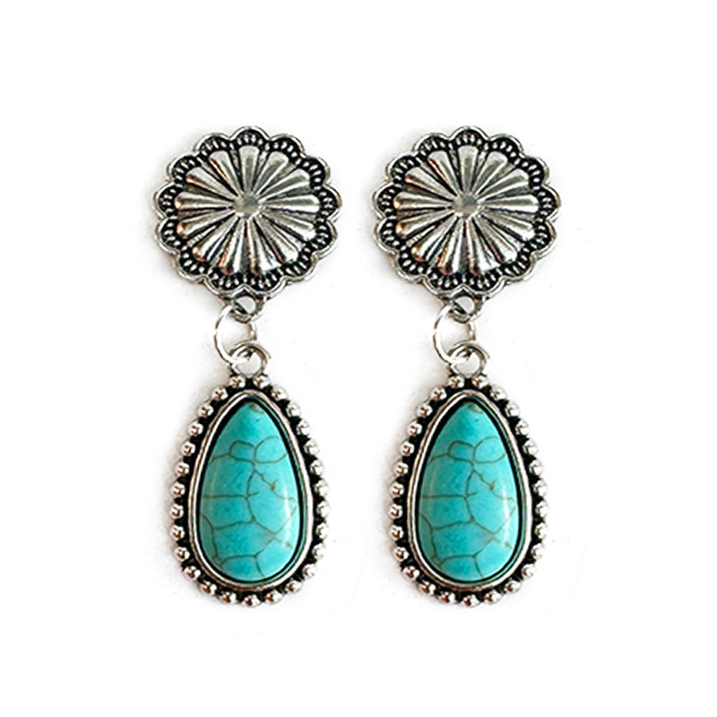 Western Turquoise Floral Cow Skull Cross Earrings