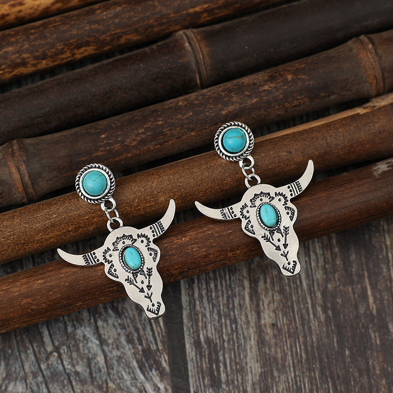 Western Turquoise Vintage Cow Skull Cross Earrings