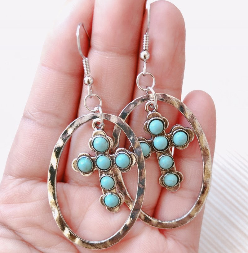 Turquoise Vintage Statement Cross Earrings