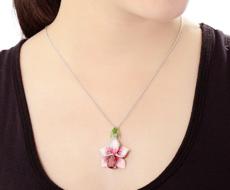 Crystal Orchid Flower Pendant Necklace for Women