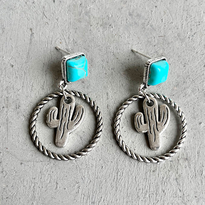 Western Turquoise Boho Vintage Cactus Earrings
