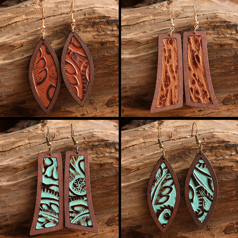 Western Vintage Statement Geometric Wood Earrings - product image 1