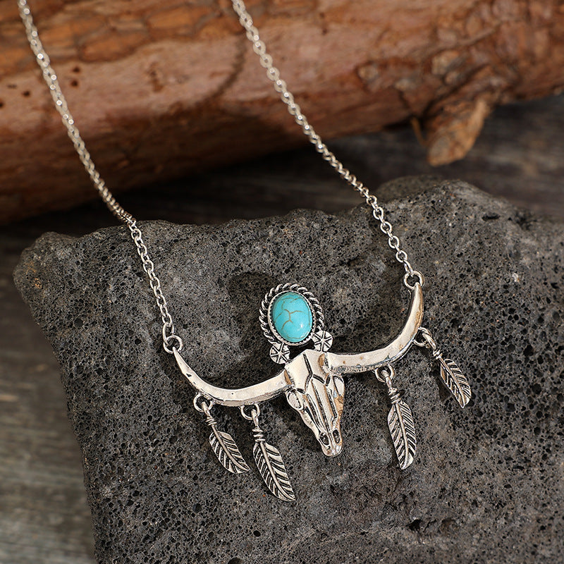 Western Turquoise Vintage Cow Skull Cross Necklace
