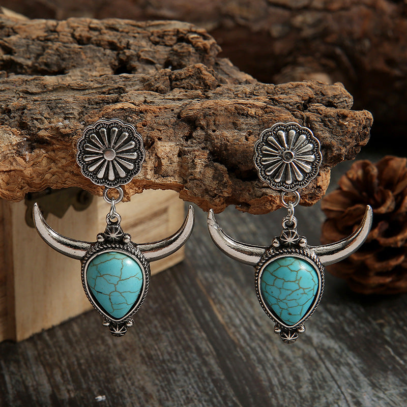 Western Turquoise Boho Vintage Cow Skull Earrings - product image 3